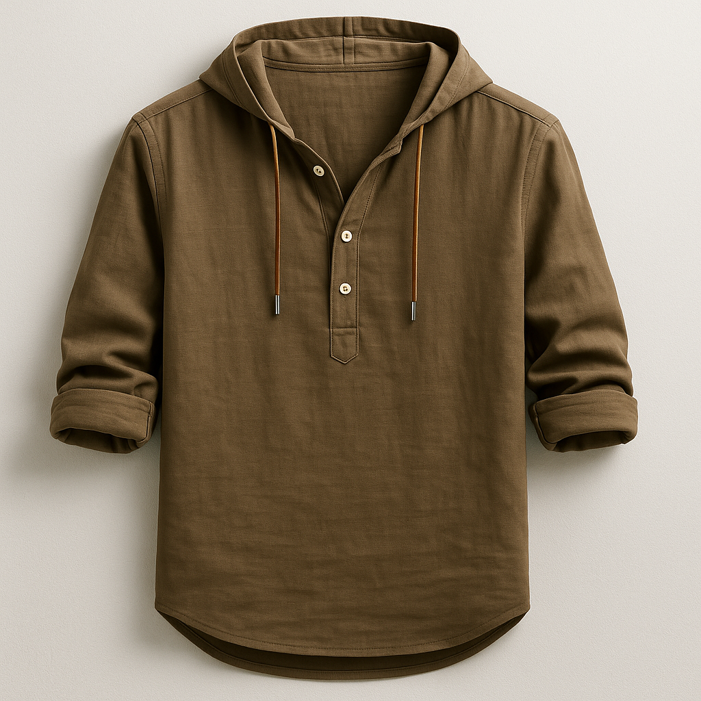 Relaxed fit men's lightweight hooded shirt, breathable long sleeve. Ideal casual top for comfort & style.