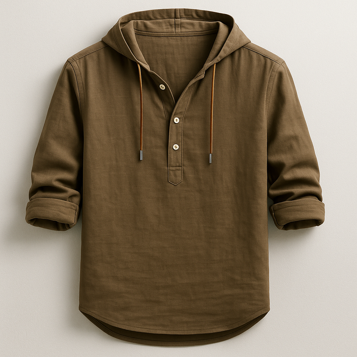 Relaxed fit men's lightweight hooded shirt, breathable long sleeve. Ideal casual top for comfort & style.