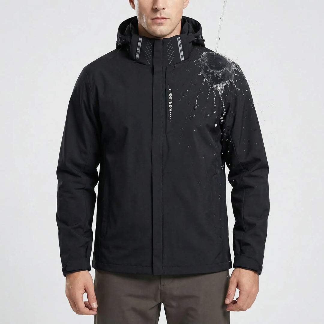 Men's hooded windbreaker, ideal for hiking & spring/fall outdoor adventures. Lightweight & water repellent.