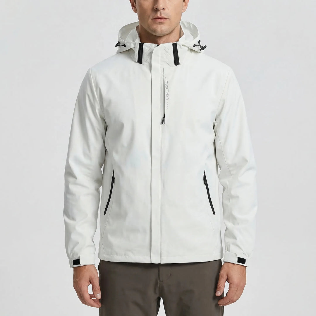 Modern men's hooded windbreaker, lightweight design for spring/fall. Water repellent outdoor jacket.