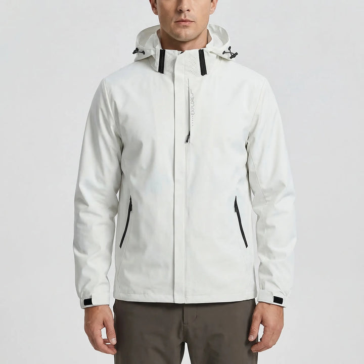 Modern men's hooded windbreaker, lightweight design for spring/fall. Water repellent outdoor jacket.