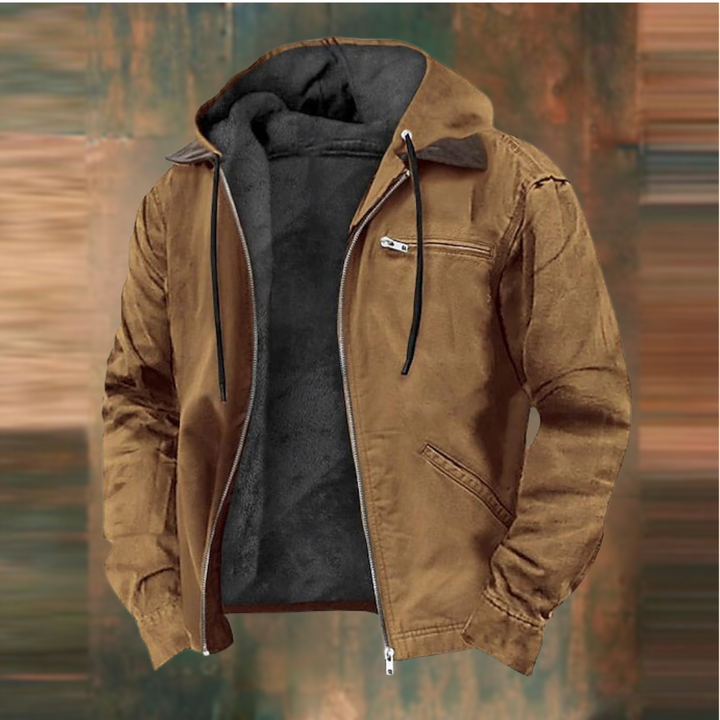 Men's lightweight hooded zip-up transitional jacket in a versatile color, perfect for spring and fall casual wear.