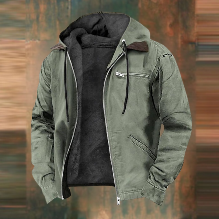 Comfortable men's spring/fall lightweight hooded outerwear. A practical zip-up jacket for everyday casual fashion.