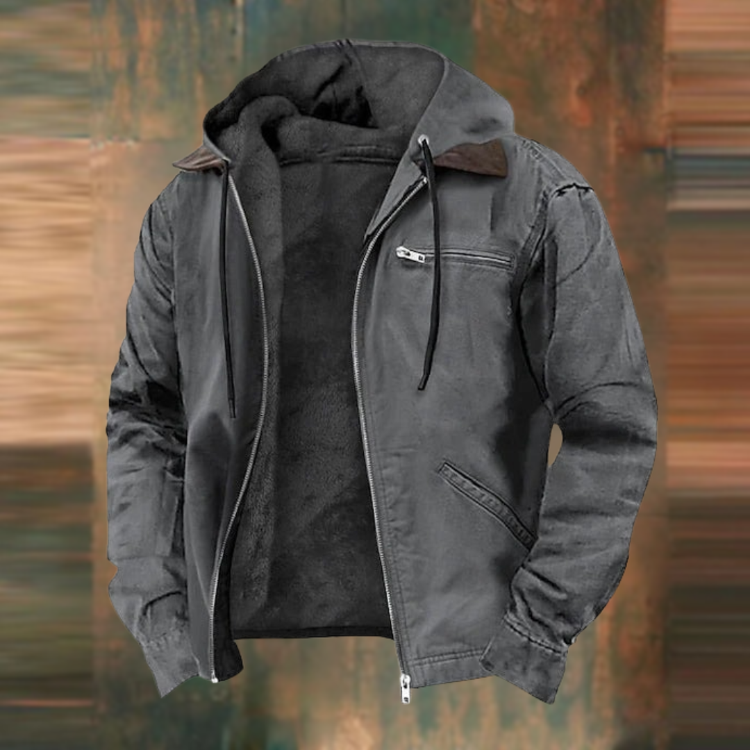 Modern men's transitional jacket, lightweight and hooded, featuring a smooth zip closure for versatile layering and style.