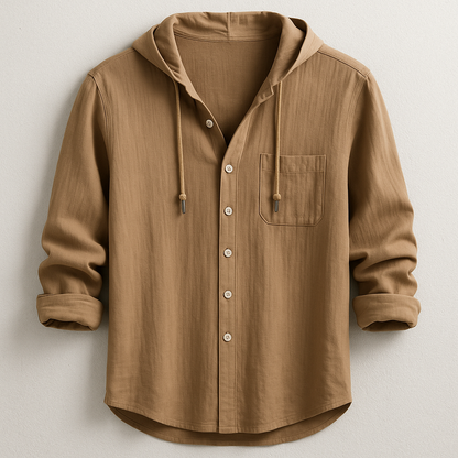Man wearing a relaxed fit lightweight hoodie shirt, suitable for casual outings and spring fashion.