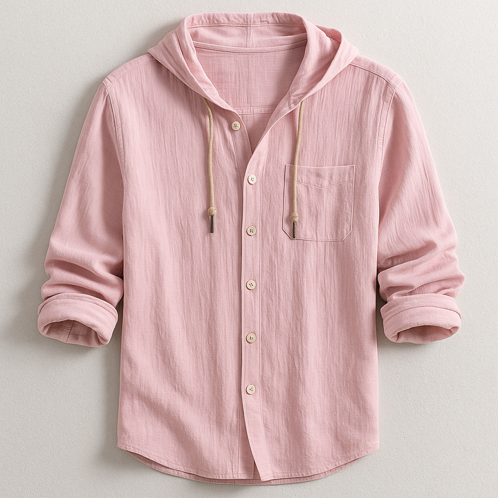Pullover men's hoodie shirt with drawstring hood, offering breathable comfort for versatile everyday wear.