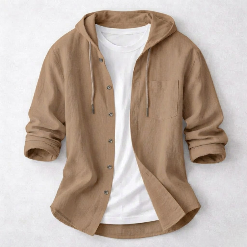Casual men's hoodie shirt with a functional drawstring hood, offering a comfortable and versatile addition to any wardrobe.