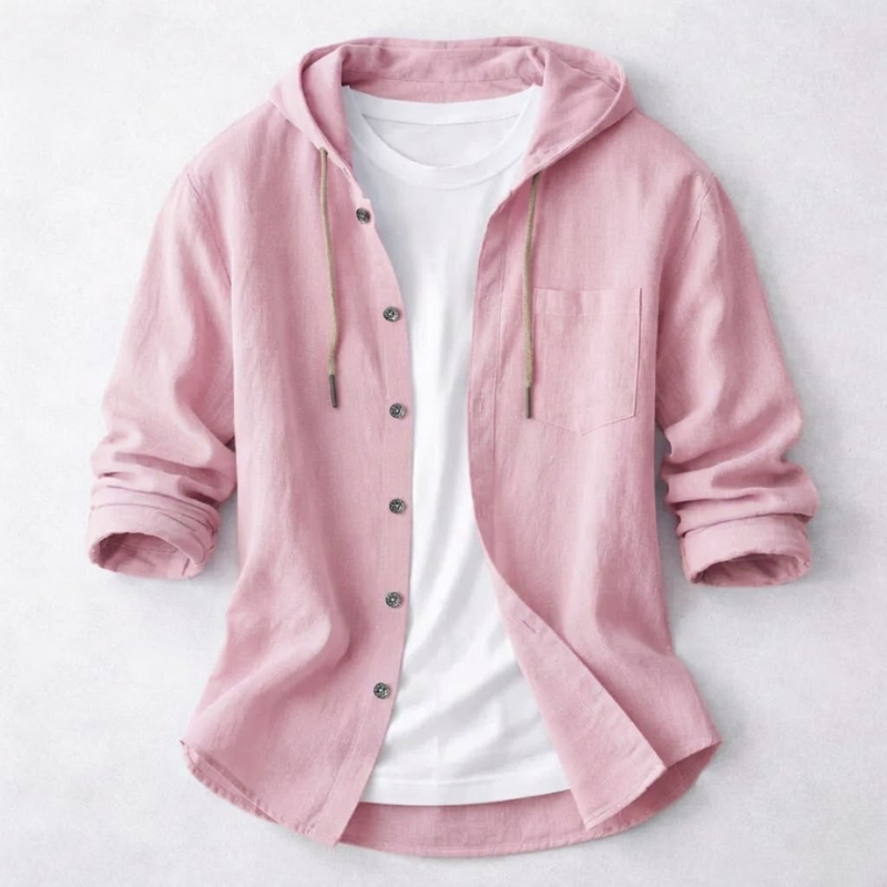 Front view of a men's lightweight hoodie shirt with a relaxed fit, showcasing its comfortable and stylish design.