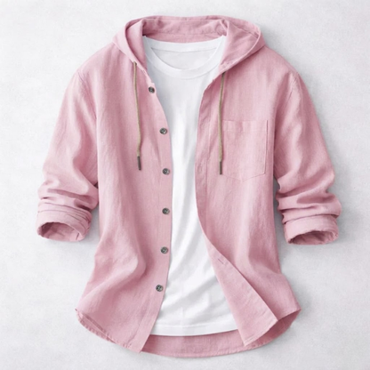 Front view of a men's lightweight hoodie shirt with a relaxed fit, showcasing its comfortable and stylish design.