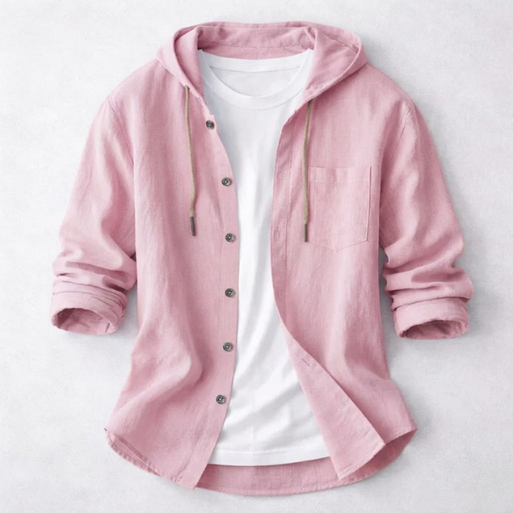 Front view of a men's lightweight hoodie shirt with a relaxed fit, showcasing its comfortable and stylish design.