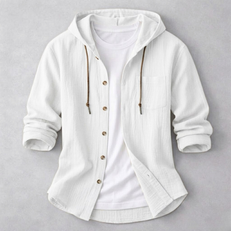 Back view of a men's lightweight hoodie shirt, highlighting its comfortable fabric and casual, relaxed silhouette.