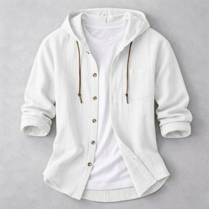 Back view of a men's lightweight hoodie shirt, highlighting its comfortable fabric and casual, relaxed silhouette.
