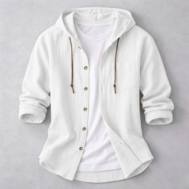 Back view of a men's lightweight hoodie shirt, highlighting its comfortable fabric and casual, relaxed silhouette.