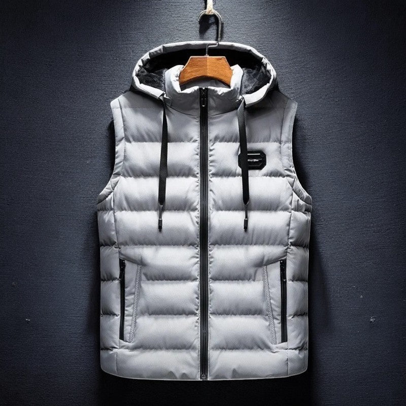 Stylish men's hooded puffer vest with full zip. Lightweight and insulated, perfect for casual wear and everyday fashion.