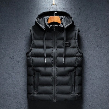 Warm men's sleeveless insulated jacket. This hooded puffer vest is great for layering in cold weather or activewear.