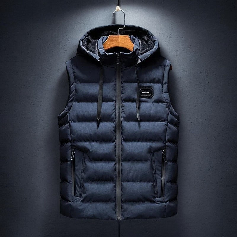 Versatile men's lightweight puffer vest with hood & zip closure. Excellent insulated sleeveless jacket for layering.
