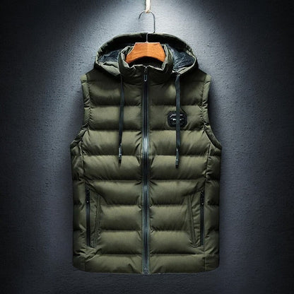 Comfortable men's hooded puffer vest for layering. Lightweight insulated outerwear, ideal for active & casual wear.
