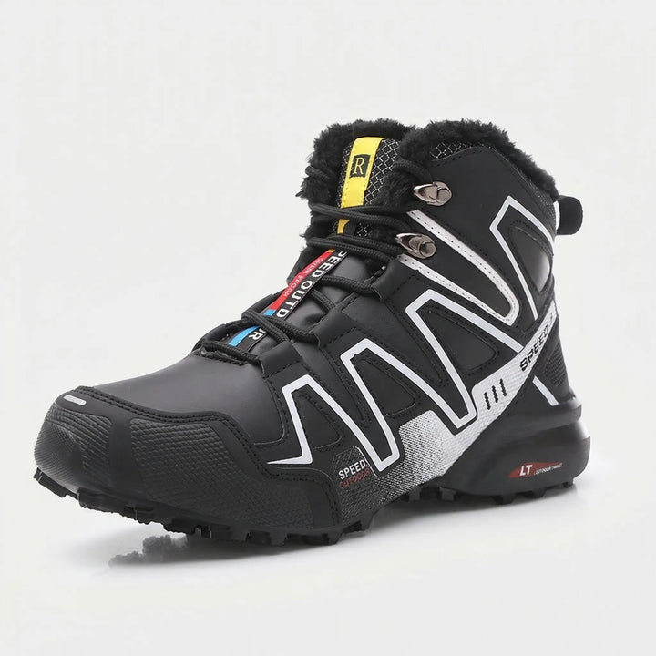 Close-up of men's insulated winter hiking boots, highlighting lightweight design & non-slip sole for cold weather hiking.