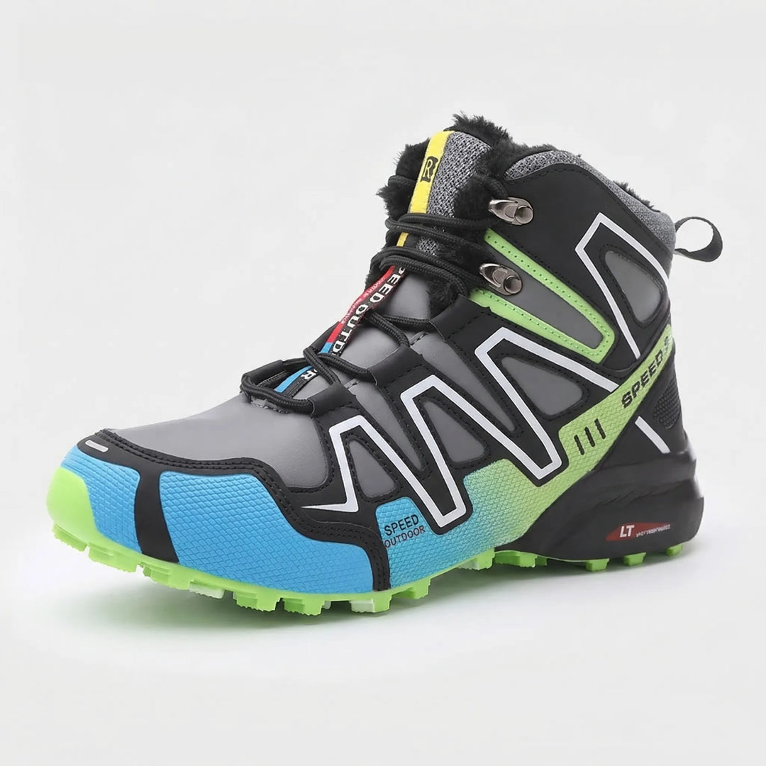 Performance men's insulated winter hiking boots. Lightweight, non-slip outdoor footwear for cold weather hiking.