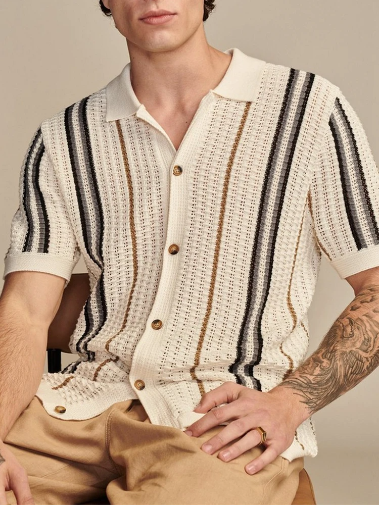 Men's lightweight knit cabana button-up shirt for summer. Perfect for beach, casual outings, or resort wear.