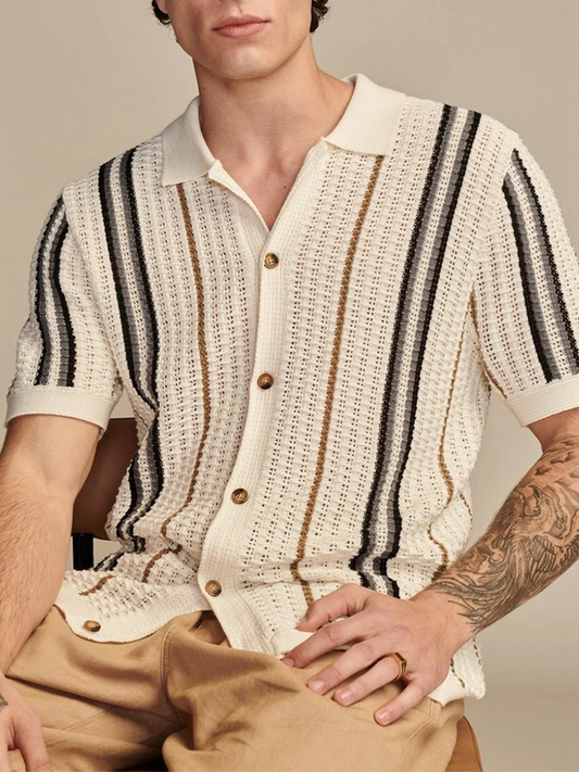 Men's lightweight knit cabana button-up shirt for summer. Perfect for beach, casual outings, or resort wear.