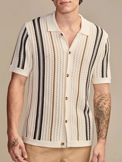 Breathable men's knit cabana shirt with a relaxed fit. Ideal lightweight button-up for warm summer days & resort wear.