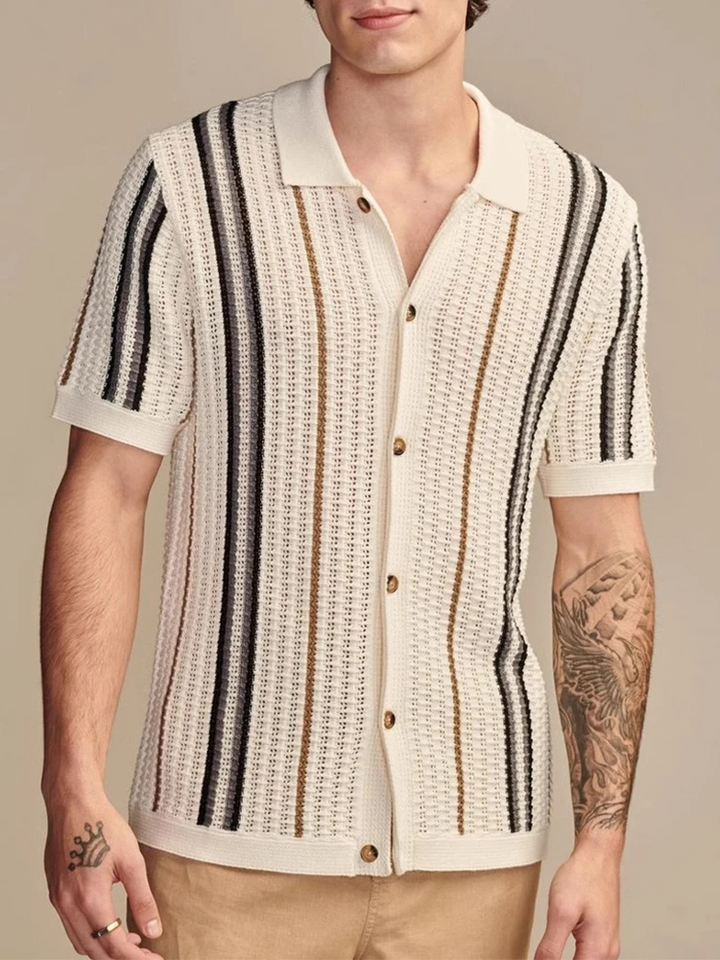 Breathable men's knit cabana shirt with a relaxed fit. Ideal lightweight button-up for warm summer days & resort wear.