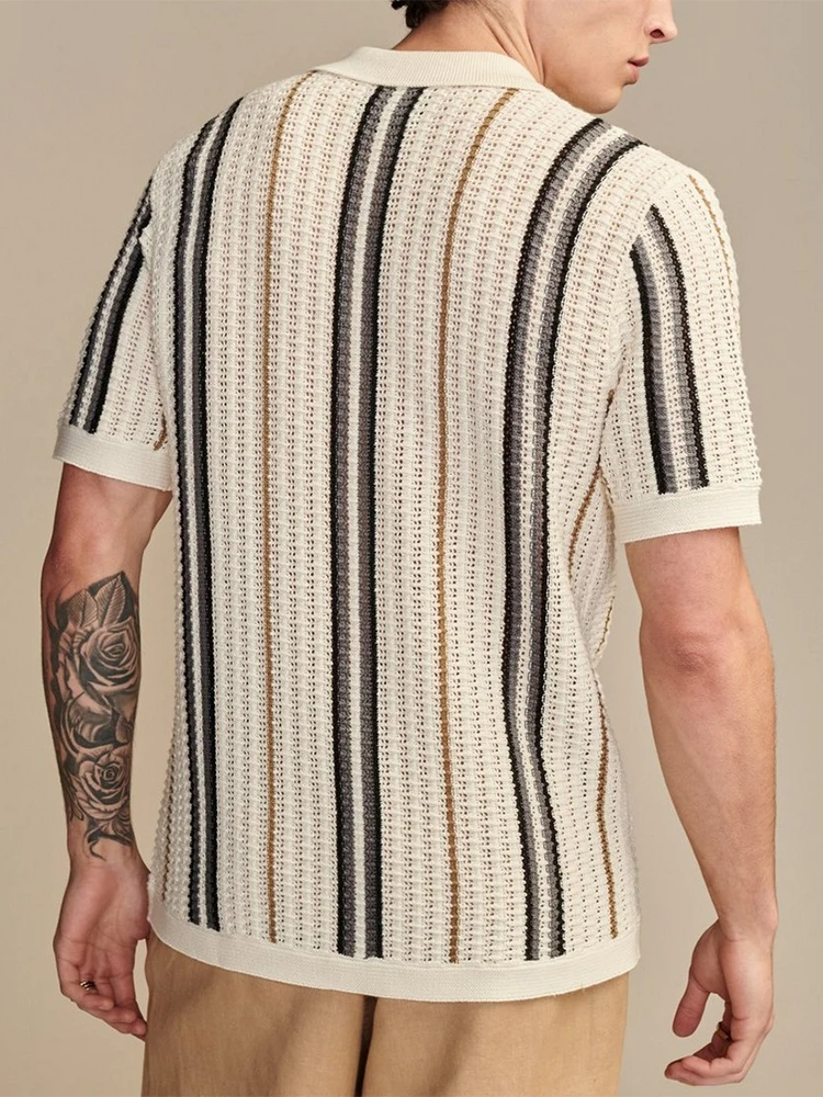 Retro striped men's lightweight knit cabana button-up shirt. Stylish and breathable for casual summer beach looks.
