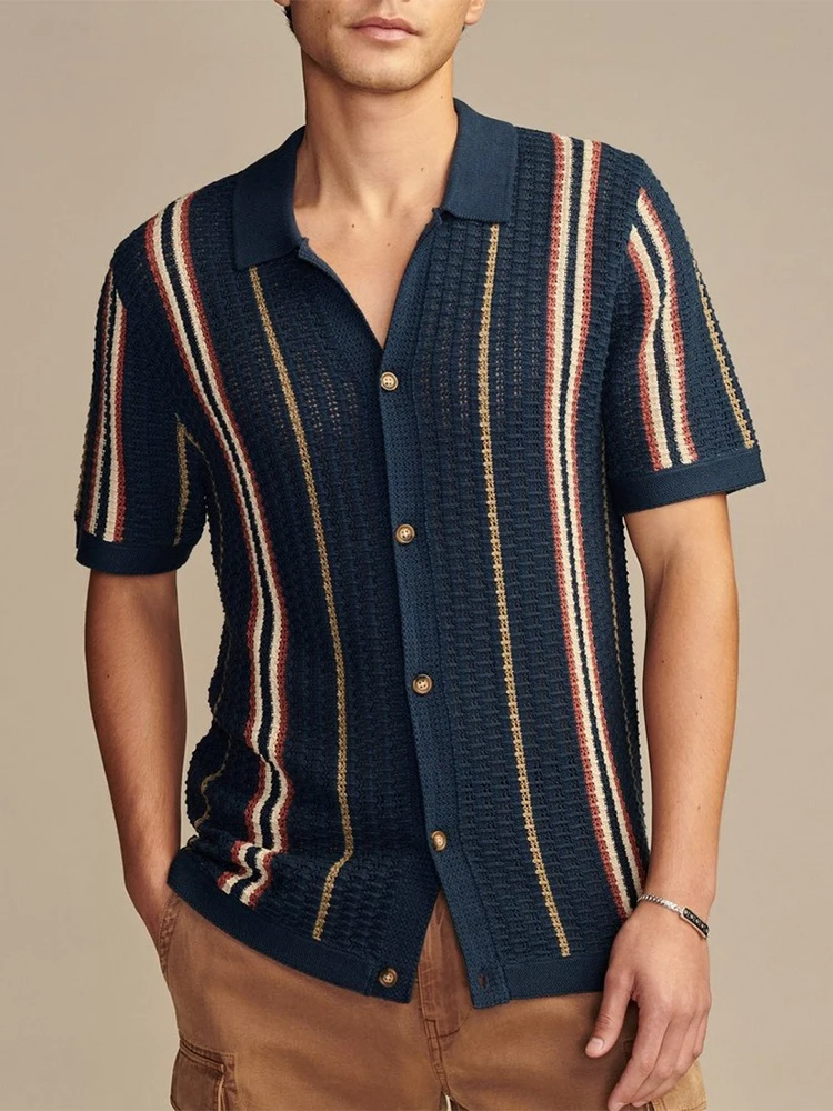 Front view: Men's summer cabana button-up shirt. Lightweight knit for a comfortable, relaxed fit and casual beach style.