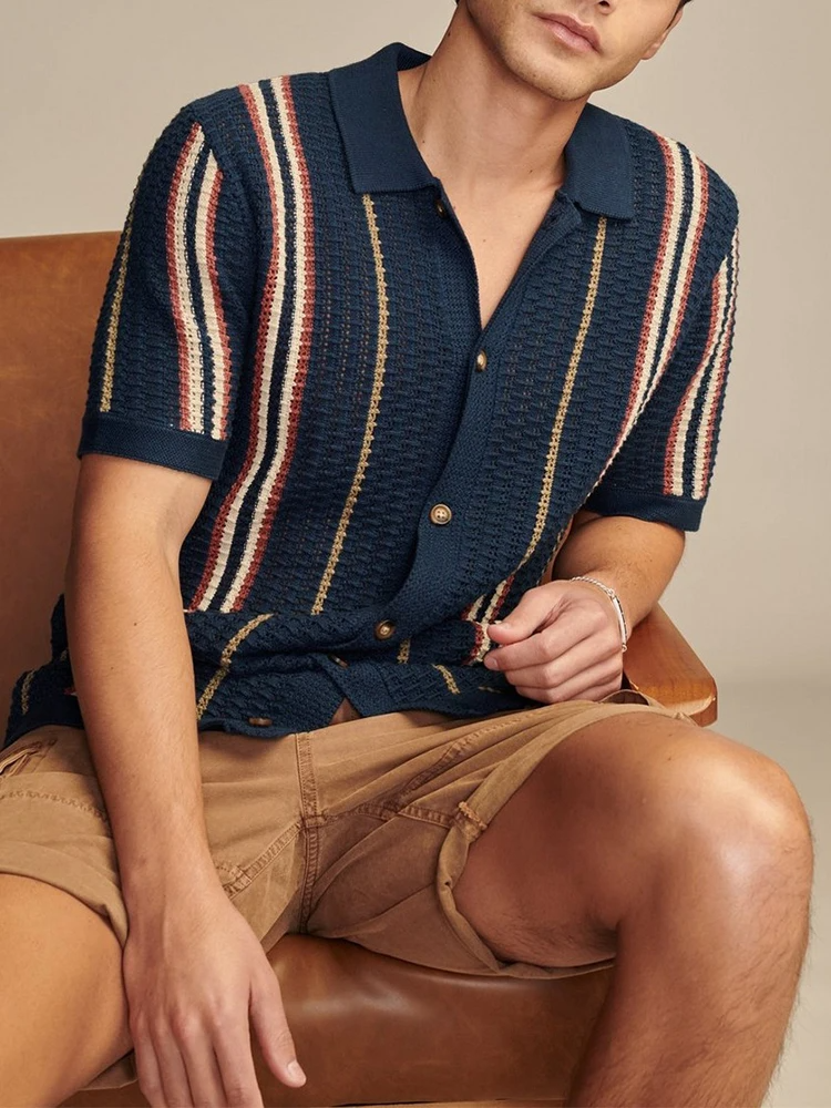 Close-up of lightweight knit fabric on men's cabana button-up shirt, showing breathability and soft texture.