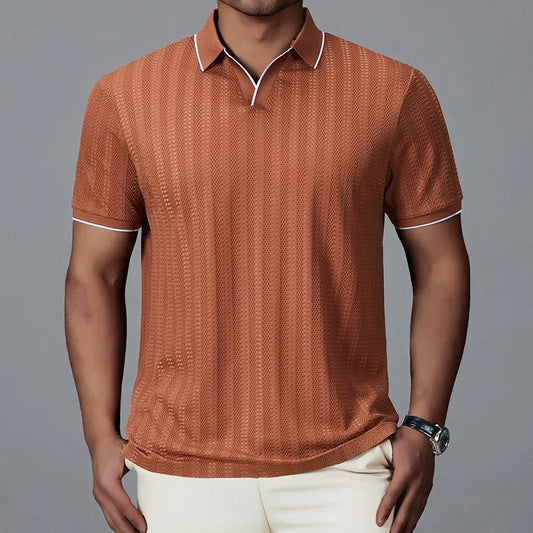 Men's lightweight knitted polo shirt in classic black, perfect for summer casual wear and everyday comfort.