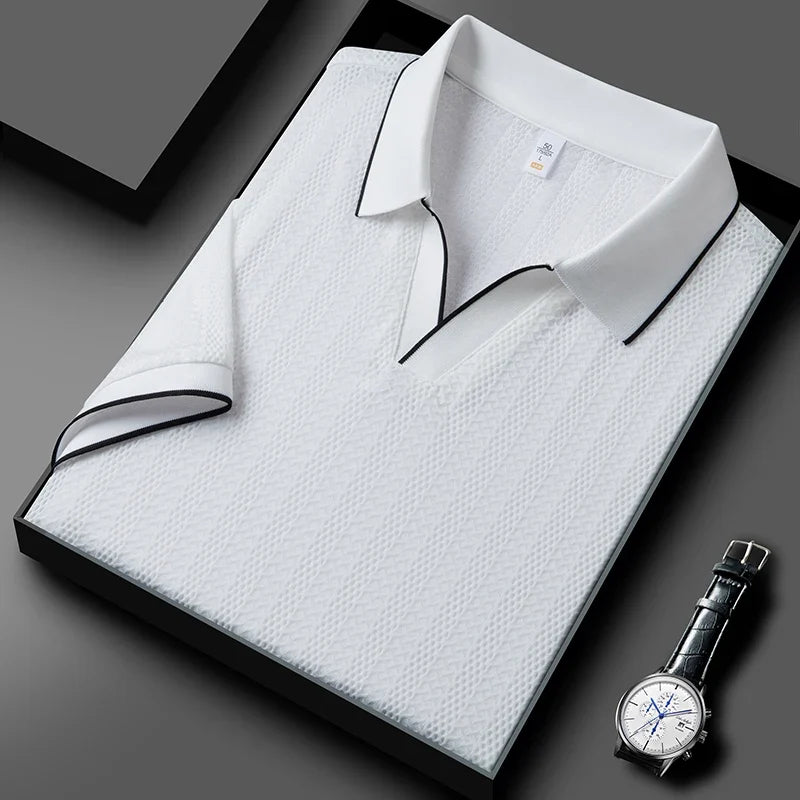 Men's breathable knitted polo in sienna, offering a tailored fit for stylish summer fashion.