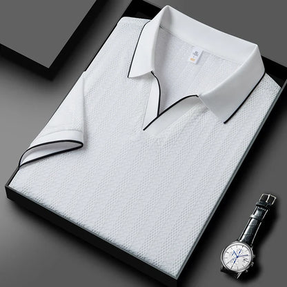 Men's breathable knitted polo in sienna, offering a tailored fit for stylish summer fashion.