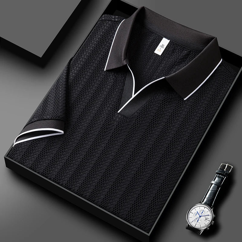 White knitted men's polo shirt, featuring a tailored fit and breathable fabric for summer.