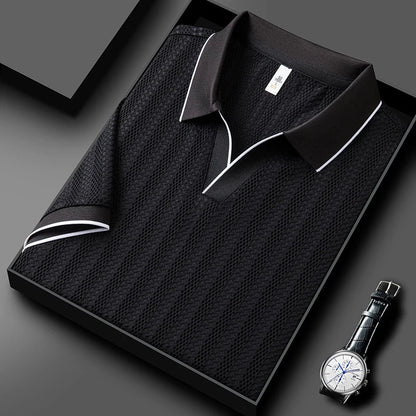 White knitted men's polo shirt, featuring a tailored fit and breathable fabric for summer.