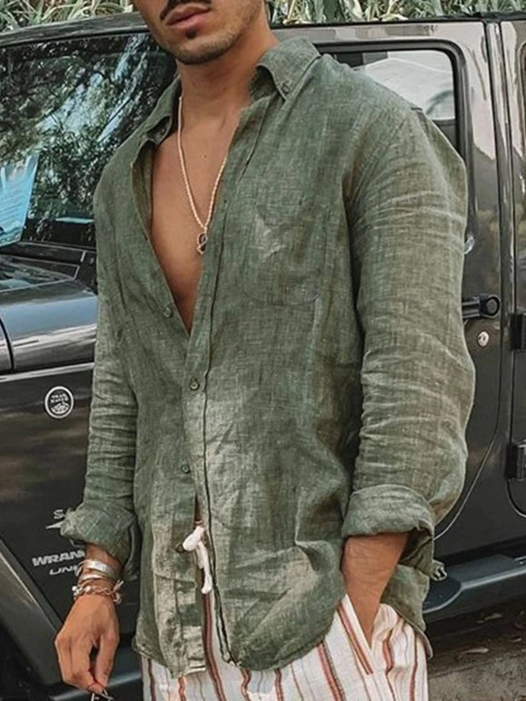 Men's lightweight linen button-up shirt in a relaxed fit, perfect for summer casual and vacation style.