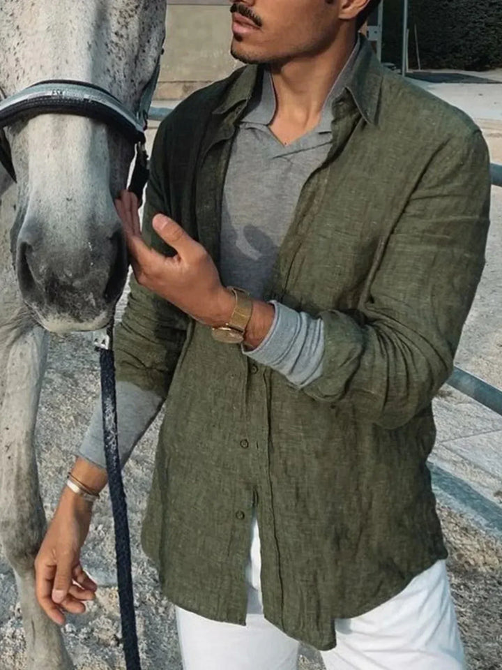 Versatile men's long-sleeve linen button-up shirt for summer fashion, offering a comfortable, breathable fit.