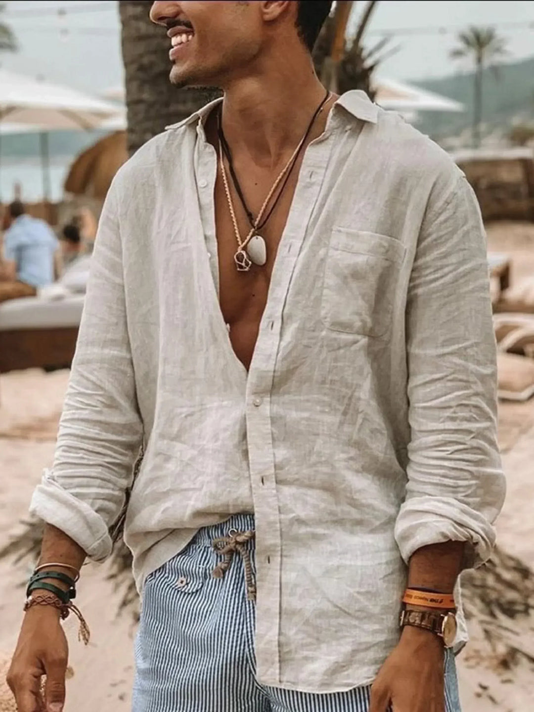 Breathable men's casual linen button-up shirt, a long-sleeve lightweight top for ultimate summer comfort.