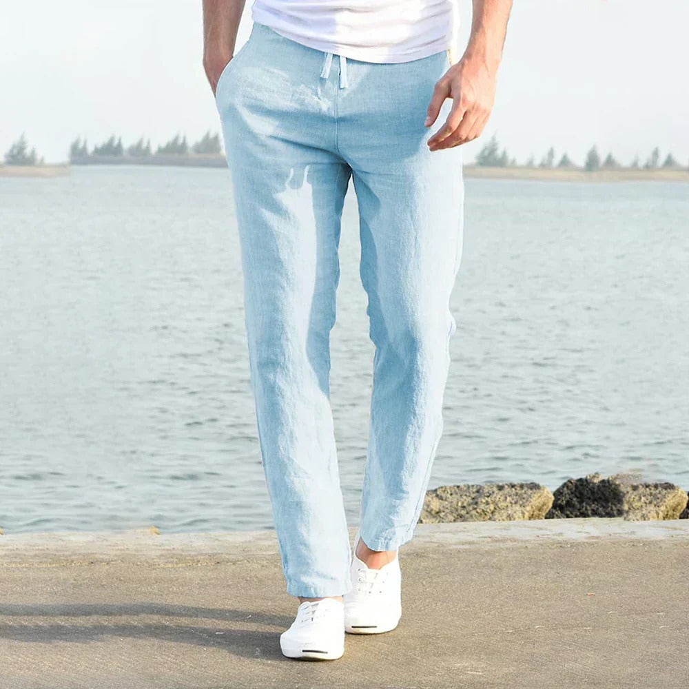 Comfortable men's relaxed fit linen pants, ideal for everyday casual wear in spring and summer.