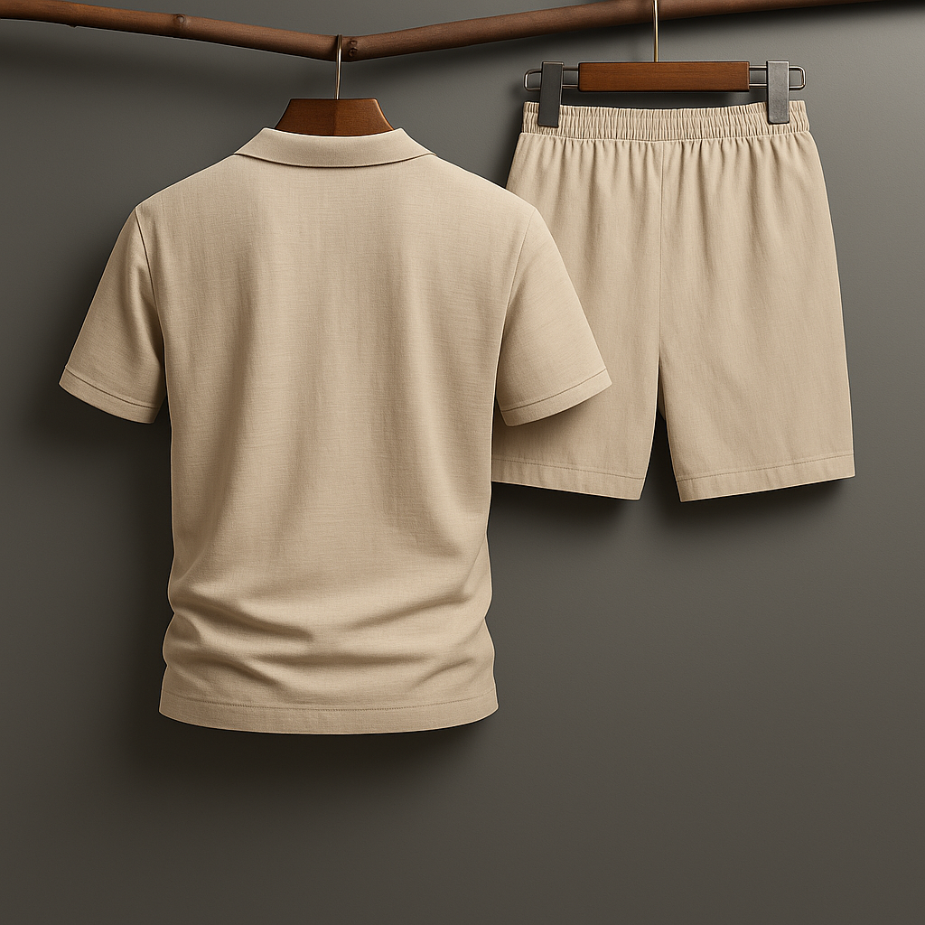 Casual men's linen matching set with polo shirt and shorts for warm weather loungewear.