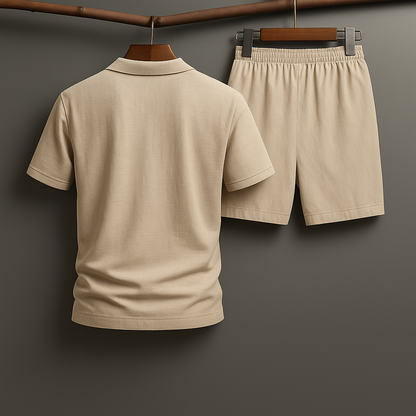Casual men's linen matching set with polo shirt and shorts for warm weather loungewear.