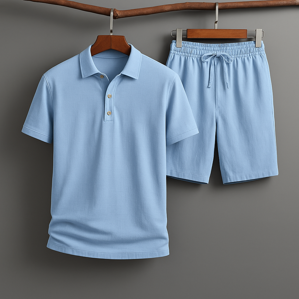Breathable men's summer linen polo set, offering lightweight comfort for casual wear.