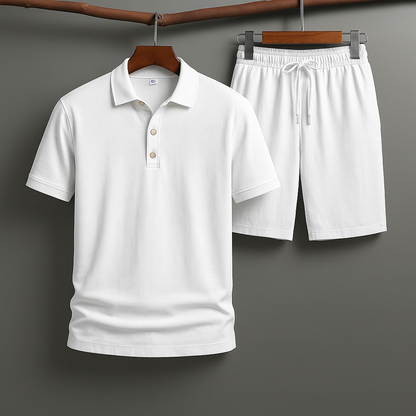 Men's matching linen polo set, designed for breathable, casual summer style and comfort.