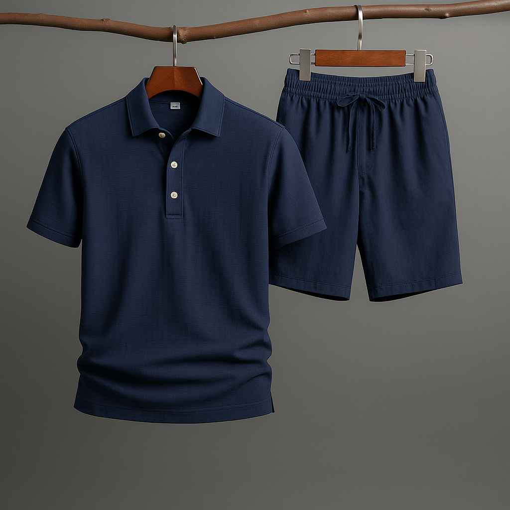 Summer men's linen polo set, a lightweight and comfortable loungewear option.