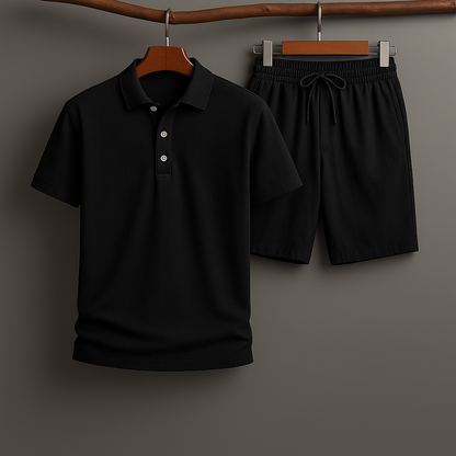 Casual men's lightweight linen polo shirt and shorts set, great for summer breathability.