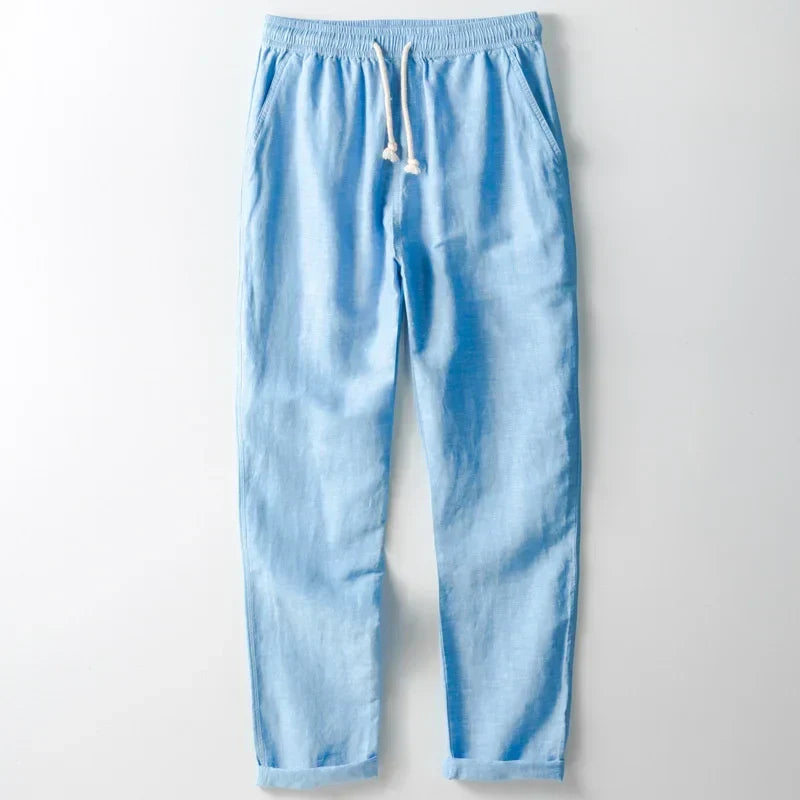 Men's lightweight linen trousers, perfect for breathable summer comfort and casual style.