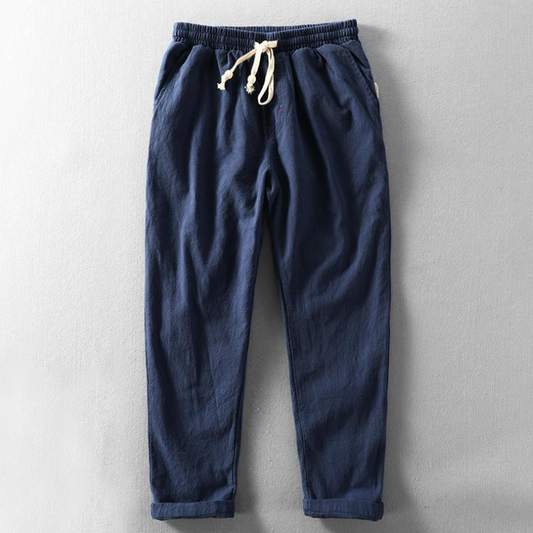 Men's lightweight linen trousers, relaxed fit, perfect for summer comfort and breathability.