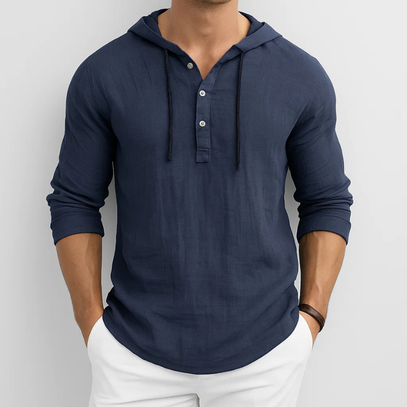 Men's casual long-sleeve hoodie shirt, lightweight and comfortable for versatile spring/summer wear.