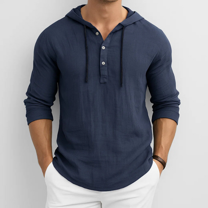 Men's casual long-sleeve hoodie shirt, lightweight and comfortable for versatile spring/summer wear.