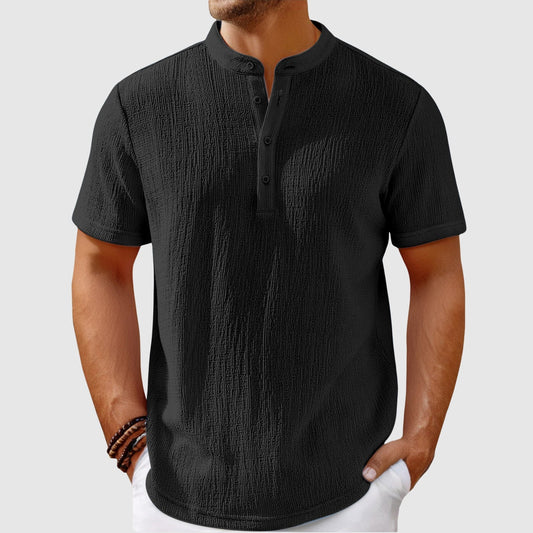 Men's lightweight mandarin collar summer shirt. Casual button-down for warm weather comfort.